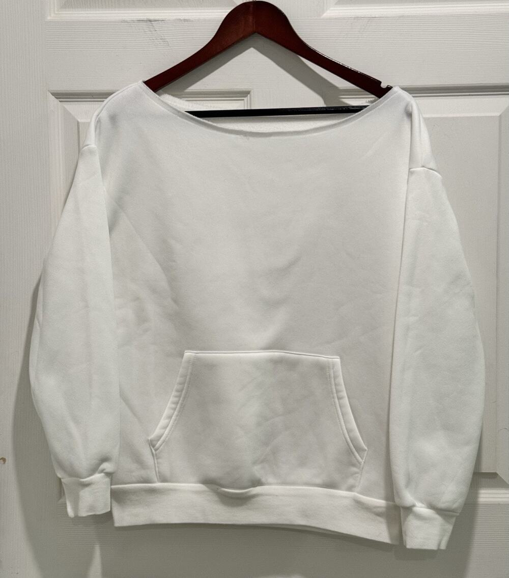 Oversized White Boat Neck Pullover Sweatshirt with Pocket Women’s Size XS